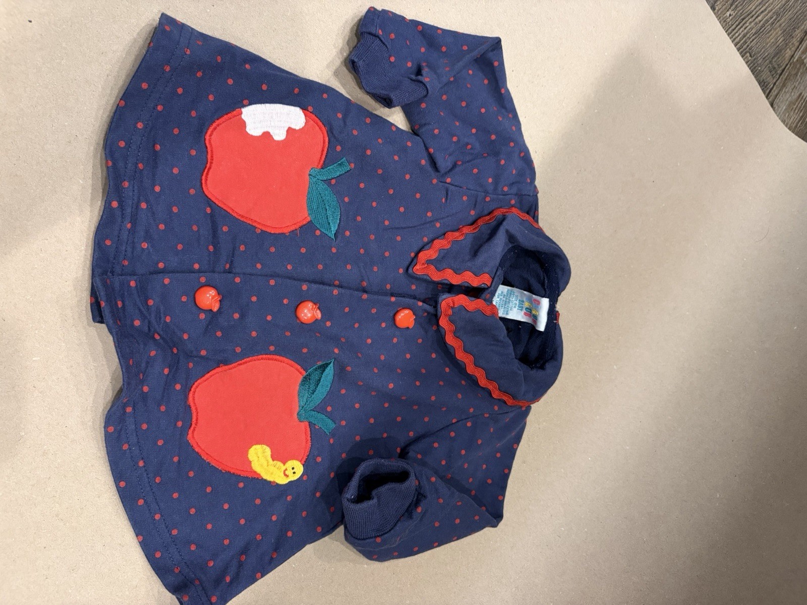 VintageCrab Crab Baby 12M 2 Piece Outfit Navy Blue Red Apple Appliqué Polka Dot
