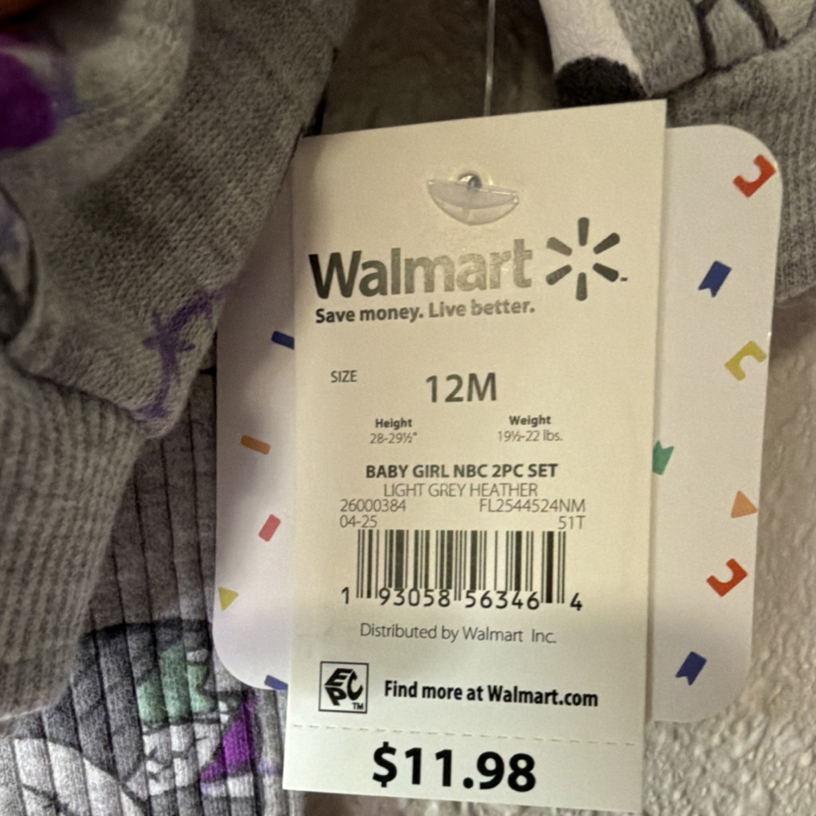 Walmart Girls 12M 2-Piece Character Print Pants Set Light Grey Heather