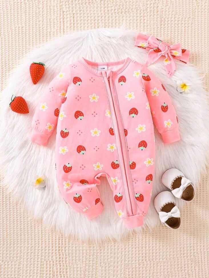 Baby Girl Pink Strawberry Print Long-sleeved Round Neck Jumpsuit With Head Band