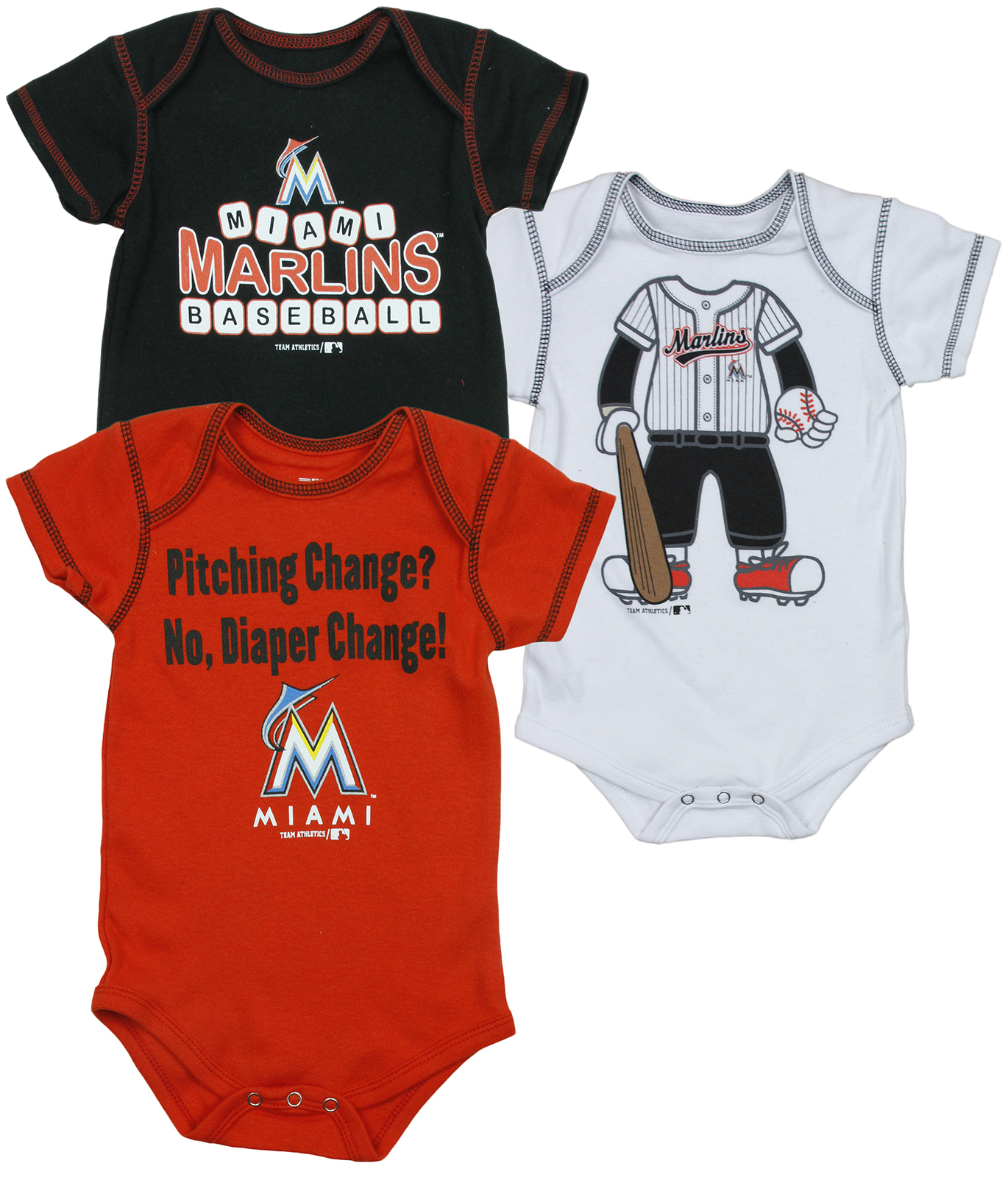 MLB Baseball Infants Miami Marlins 3 Pack Creeper Bodysuit Set, Red/Black/White