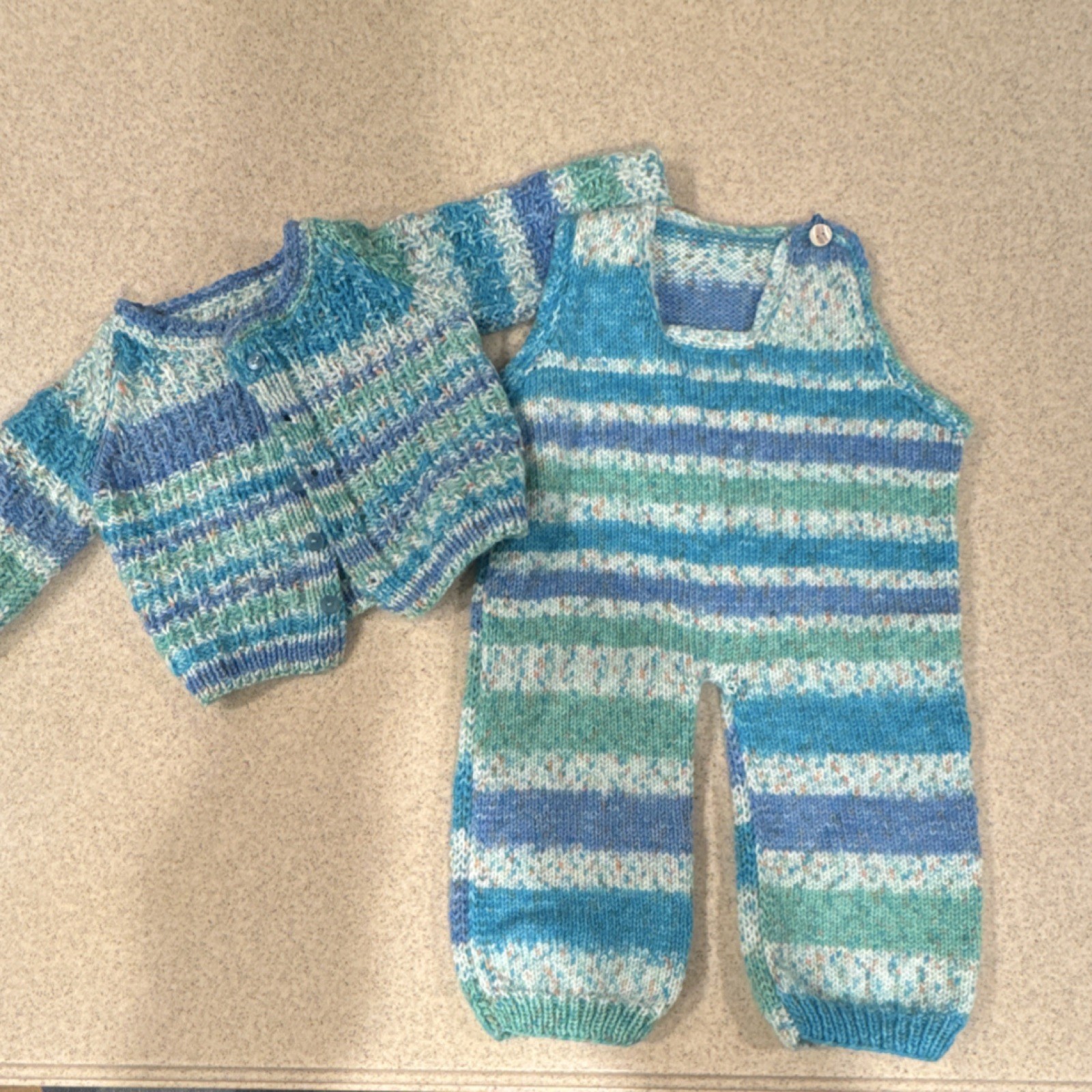 Hand Knitted Striped Sweater and Pants Set Blue Green White Unisex Baby Toddler