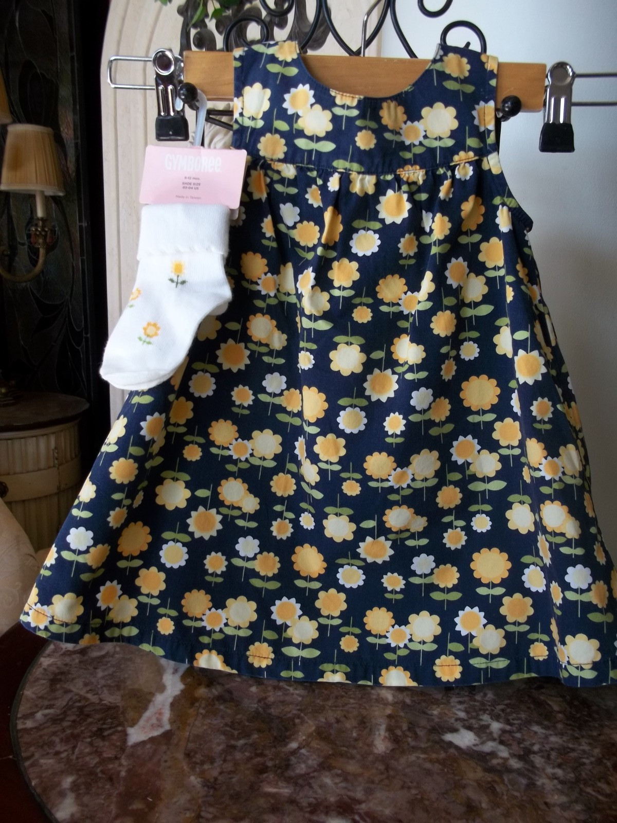2008 Gymboree Sunny Days Ahead navy sunflower print sun dress 6-12 NWT socks