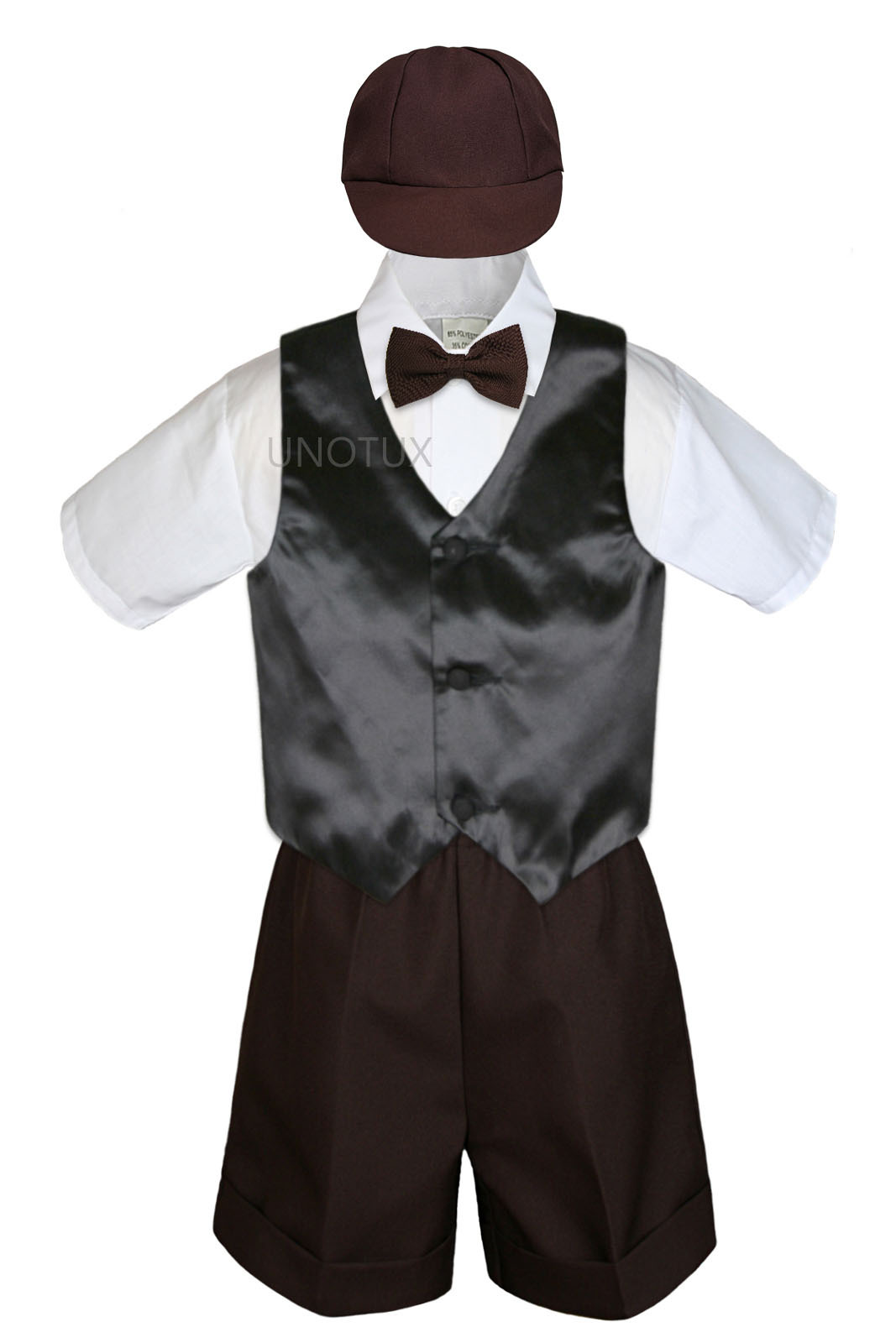 Baby Boys Toddler 5pcs Formal Party Color Vest BROWN Shorts Hat Bowtie Set