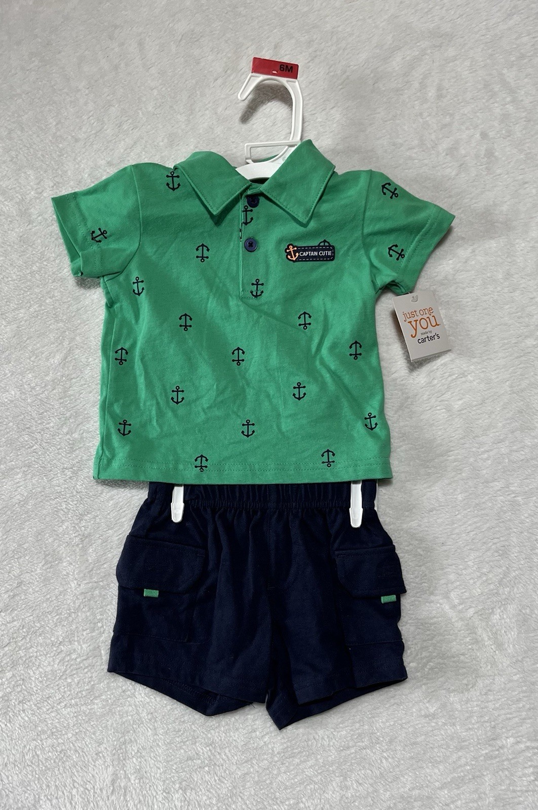 Carter’s 2-Piece Set Baby 6M Short Sleeve Shirt & Shorts Nautical Green Blue NWT