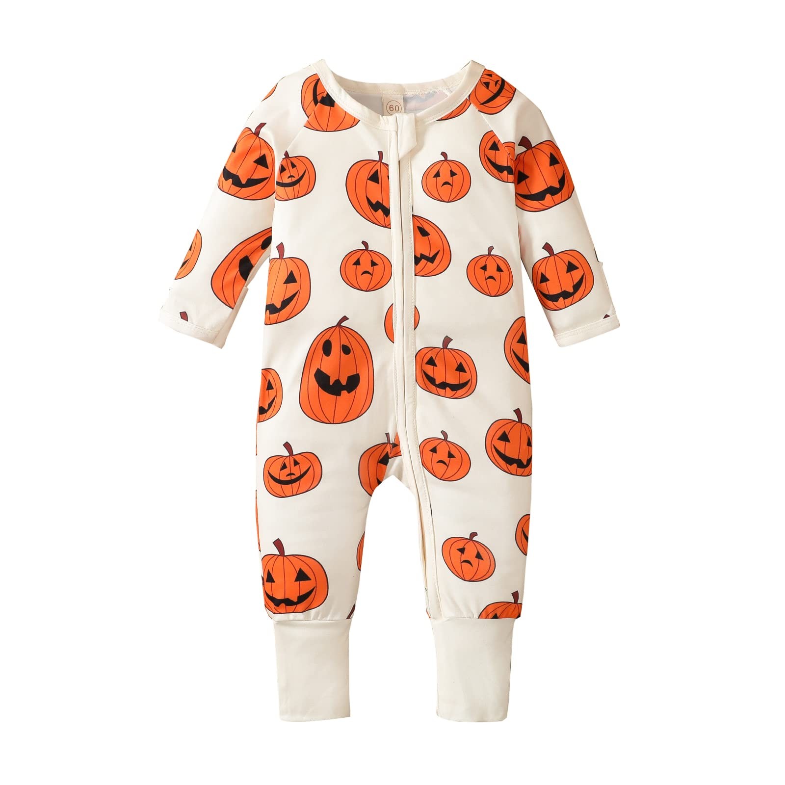18-24M Baby Halloween Romper – Ghost Long Sleeve Pumpkin Print Jumpsuit