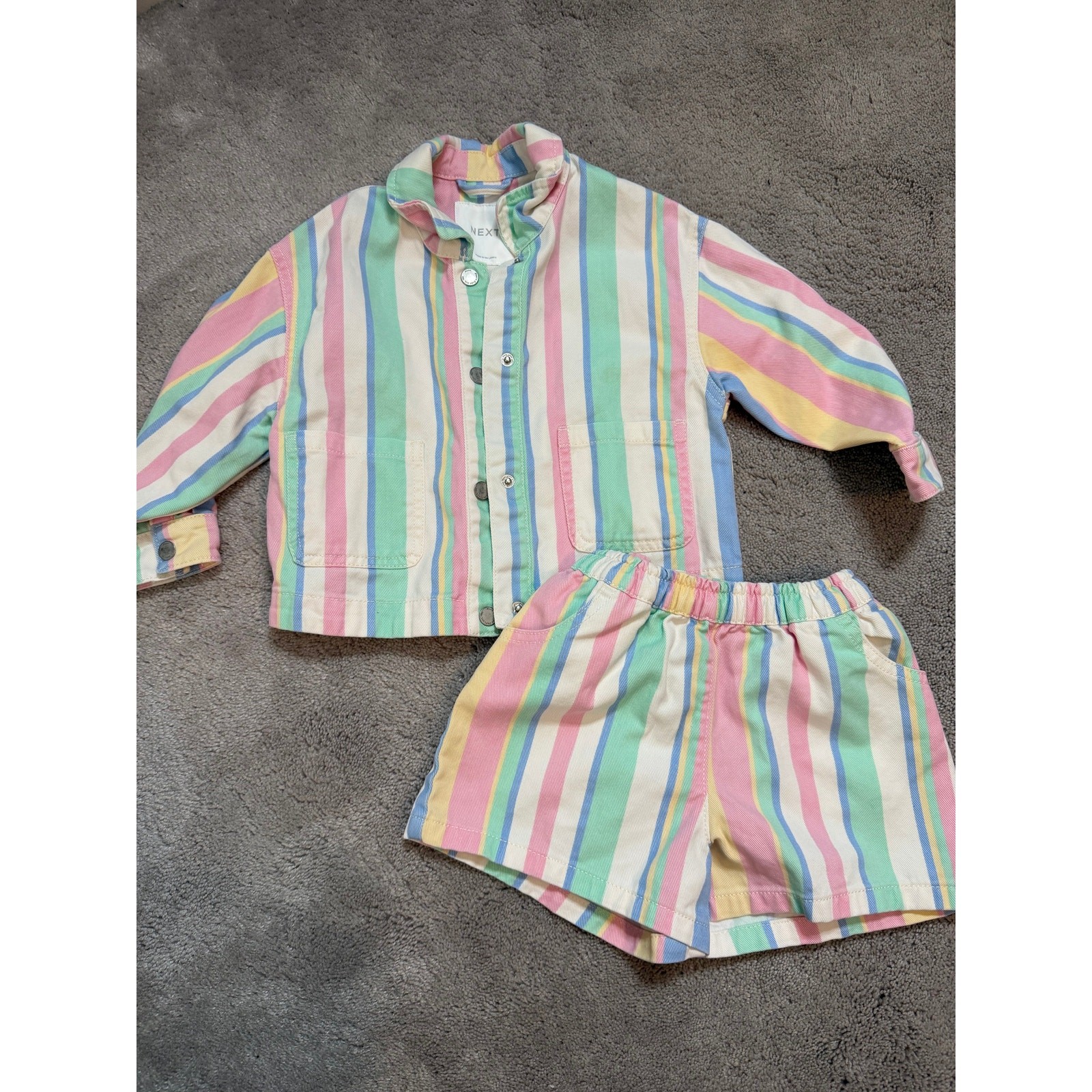 NEXT Girls Striped Denim Matching Short Set Jacket Size 2/3 Pastel