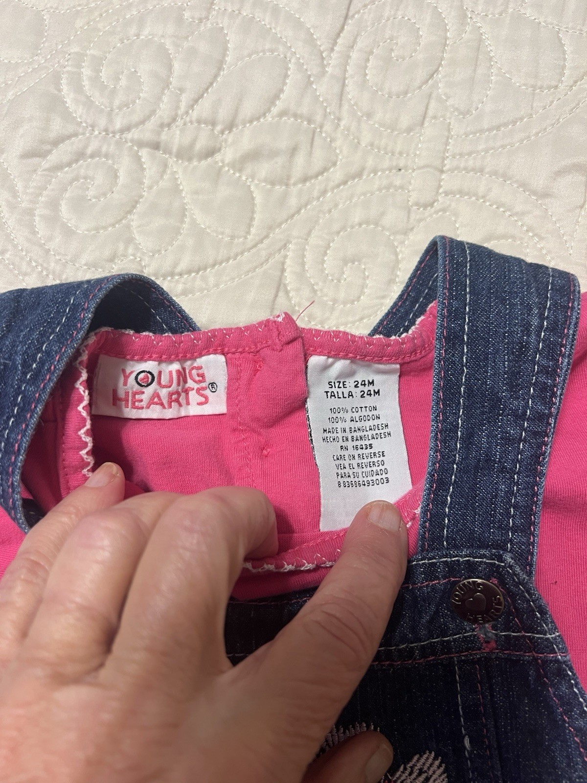 Young Hearts Girls Denim Bib Overall Shorts with Floral Embroidery Sz 24M