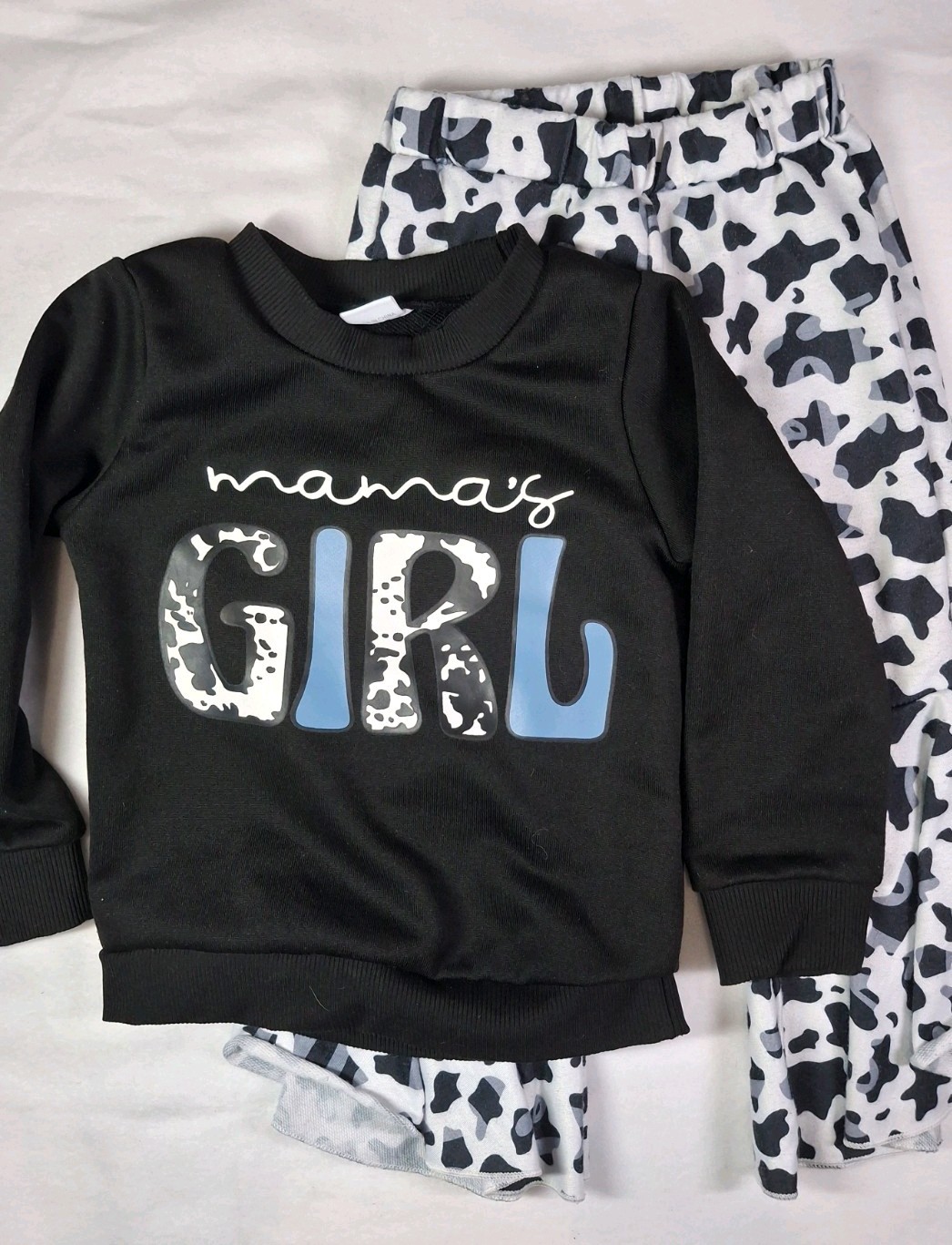Cow Print And Black Girls Boutique Outfit With Flared Bottoms (2Y-3Y)
