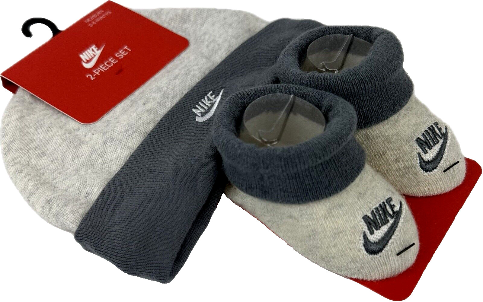 Nike Baby Grey Off White Ankle Cotton Swoosh Logo Beanie Booties Set Sz 0-6 MO