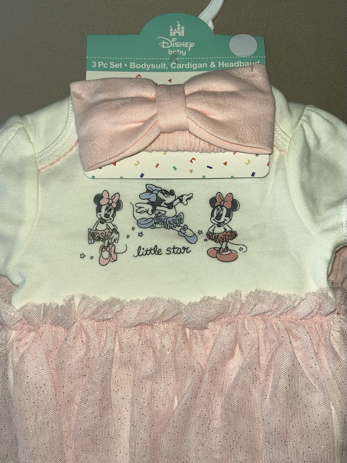 Disney Baby Girls Minnie Mouse Newborn Short Sleeve Bodysuit, Cardigan & Bow-New