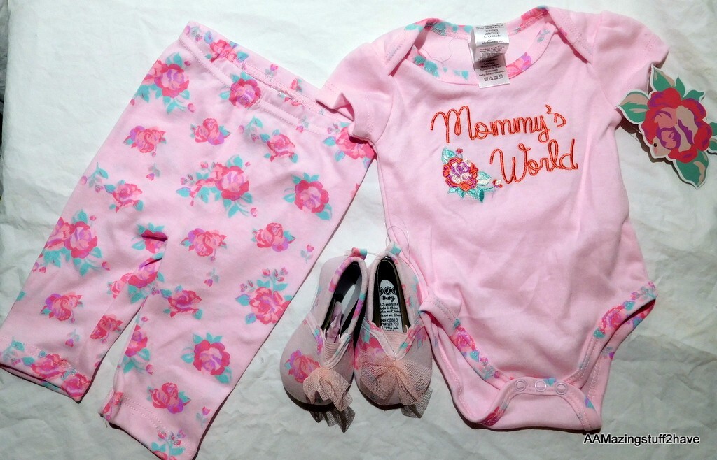 3pc Pink Floral Infant 3-6 month Mommy’s World Booties Snaps Pants NEW Easy Care