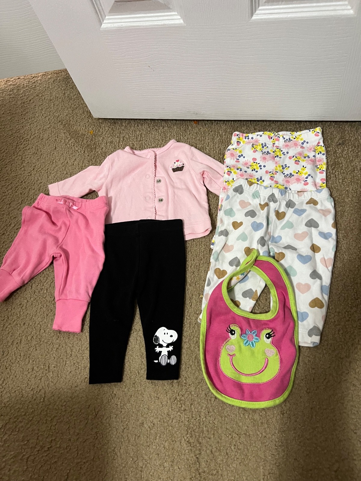 Infant girls clothes lot-snoopy pants, pants, snap shirt, bib