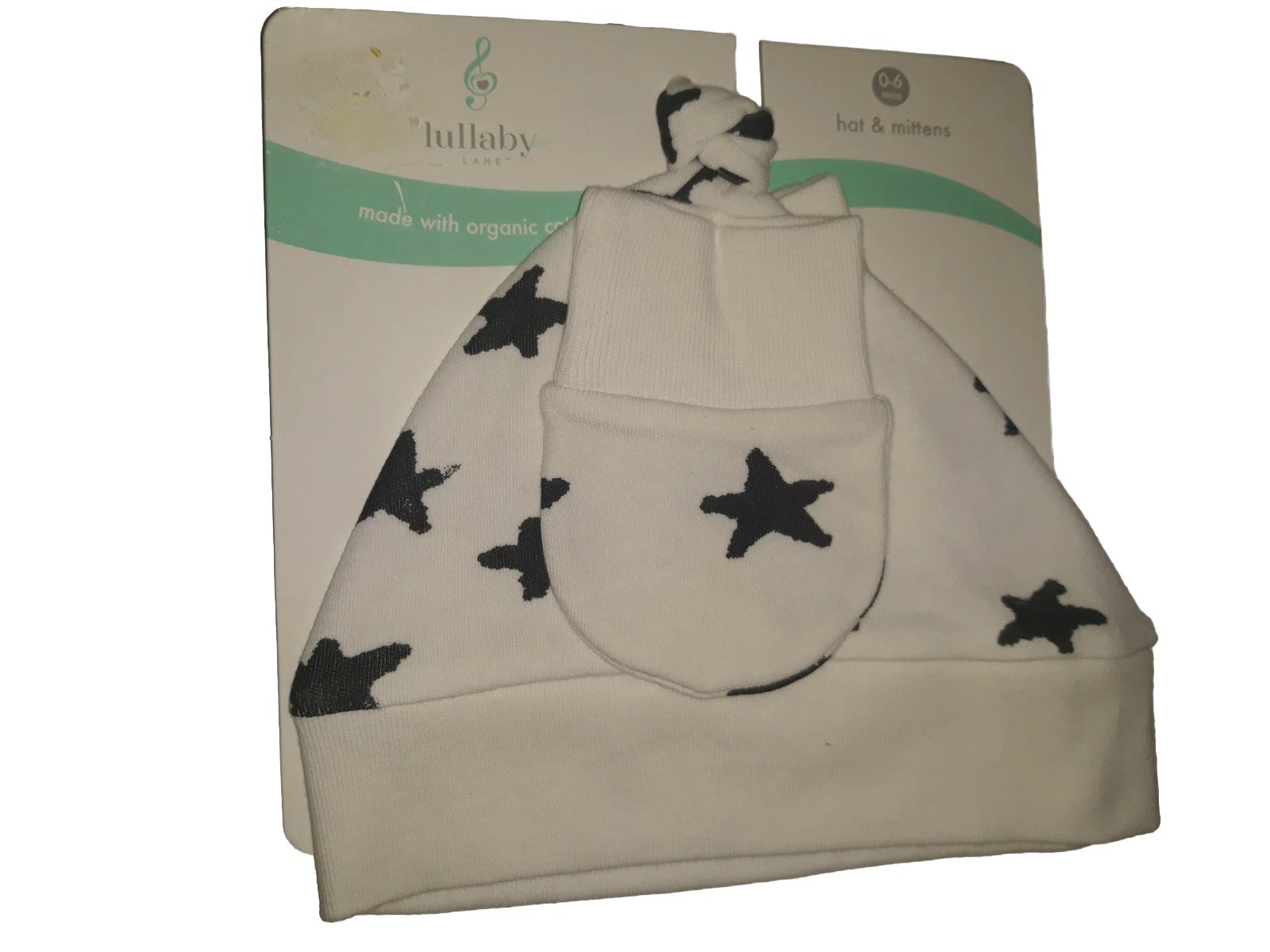 Lullaby Lane Baby Beanie Hat & Mittens Set Black White Stars 0-6 Months NEW