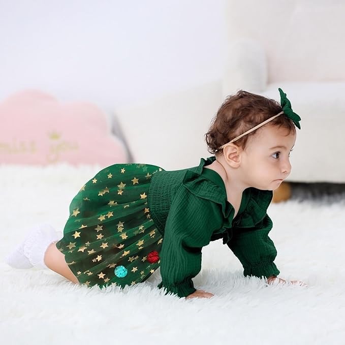 Baby Girl 1st Birthday ONE Tulle Romper Dress Green Gold Stars 3-6M