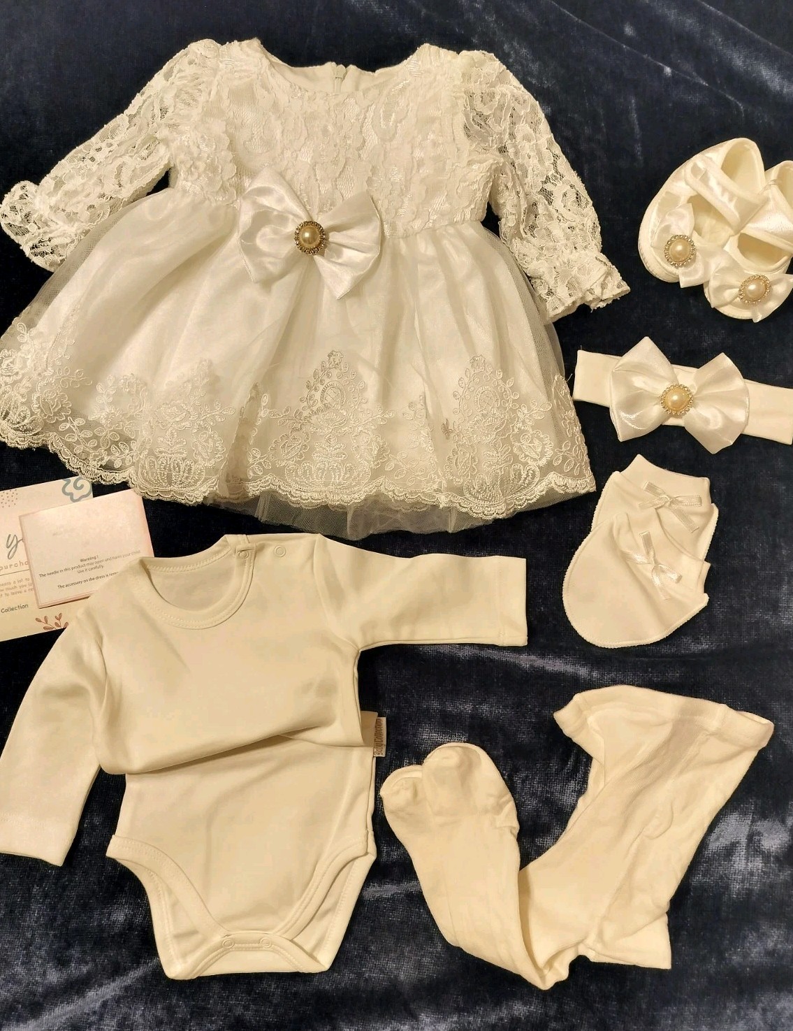 Baby Girl’s Baptism Dress Outfit Tights, Undershirt, Shoes, Headband, Mits NEW!