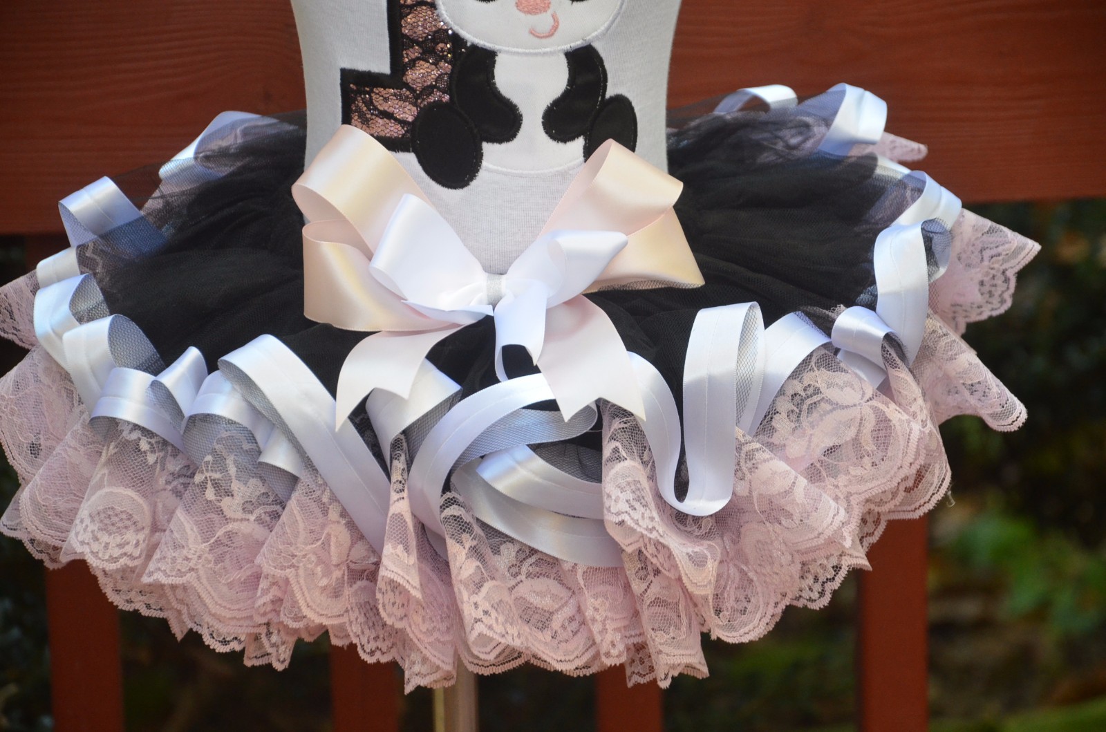 Pink Panda Glitter appliqué Number & Name & Ribbon and Lace Trimmed Tutu