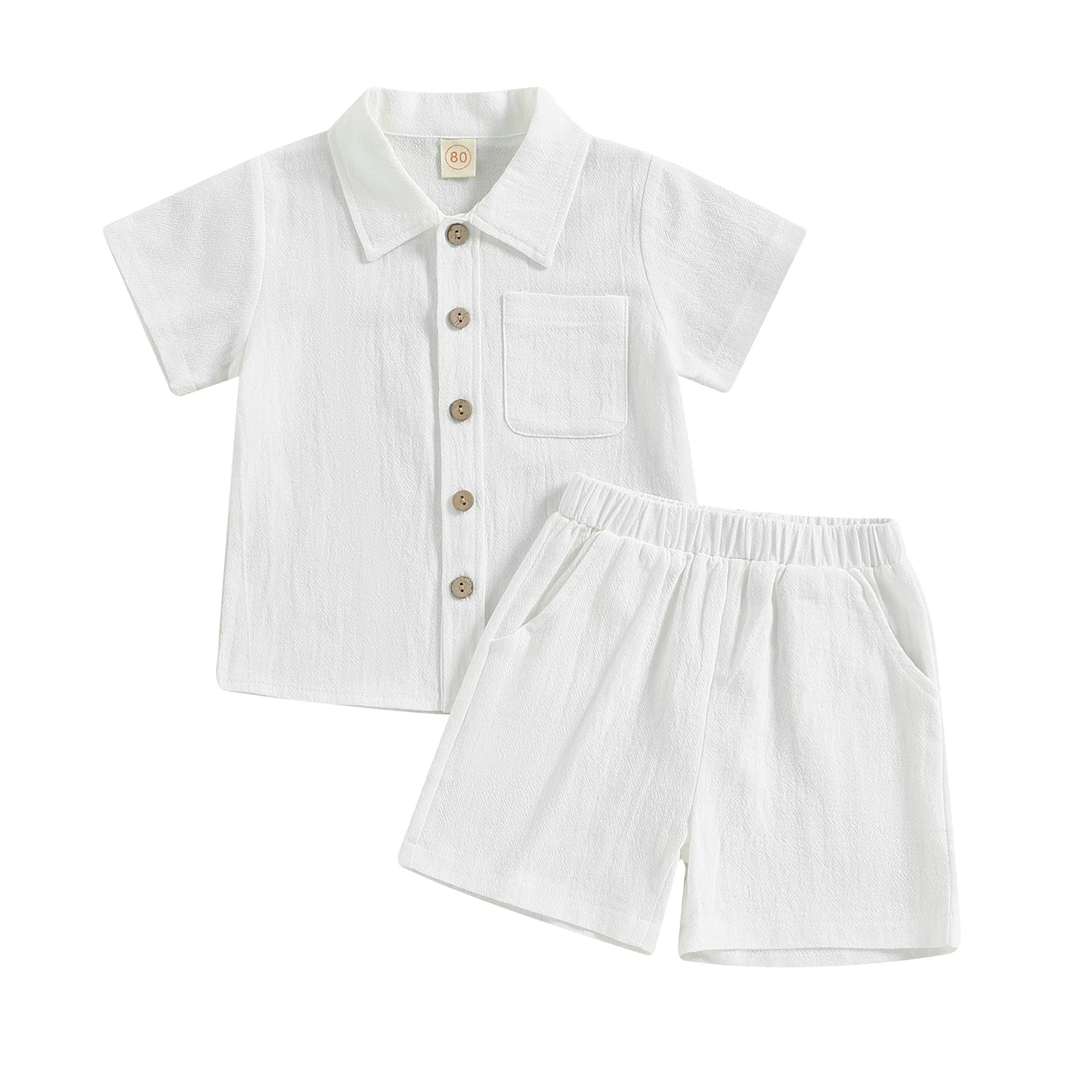 Baby Boy Cotton Linen Shorts Set Solid Color Short Sleeve Button Down T-shirt…