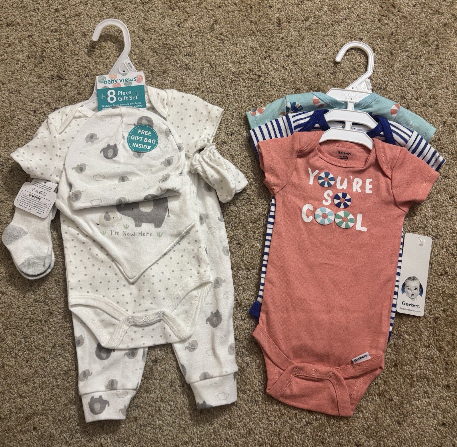 New Baby Clothes Lot – Size 3/6 month, 3 Gerber Onesie & Baby Views 6 Piece Set