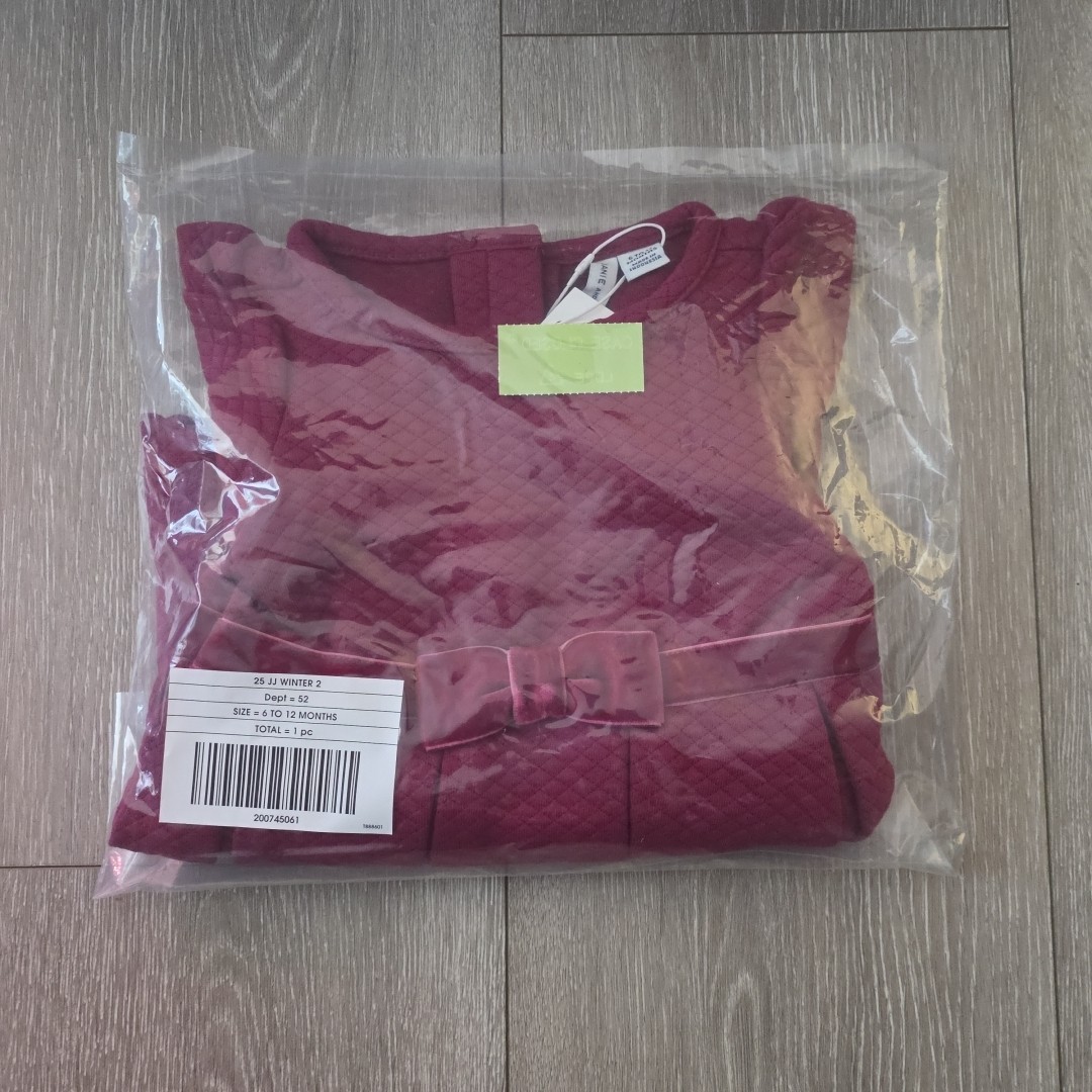 Janie and Jack Girls Baby Quilted Puff Sleeve Dress 6-12M burgundy