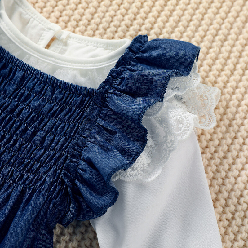 NEW Girls White Lace Shirt Blue Chambray Ruffle Overalls Outfit Set