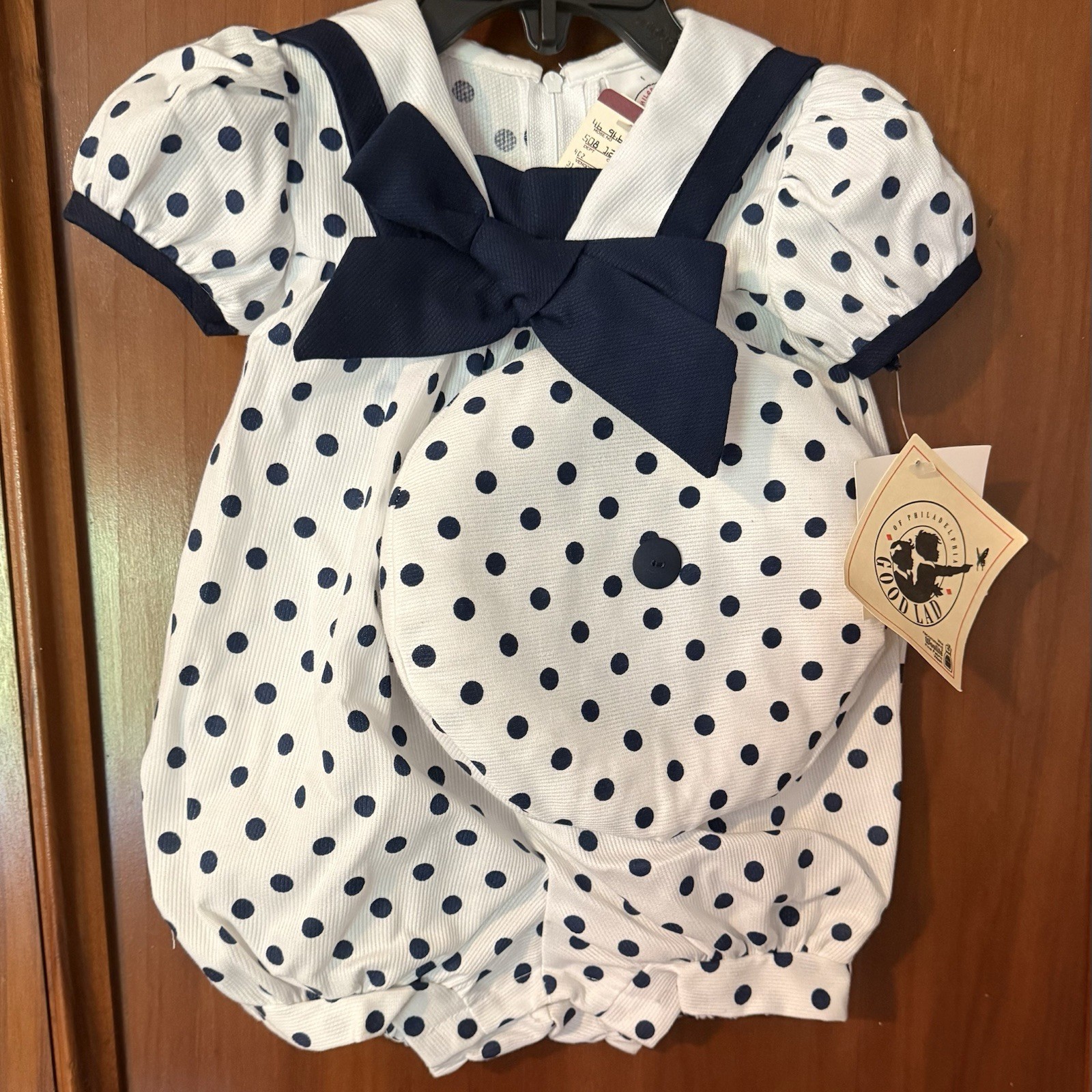 Good Lad Vintage Navy Blue Polka Dot Nautical Sailor Romper W/Hat 6/9 mo NOS