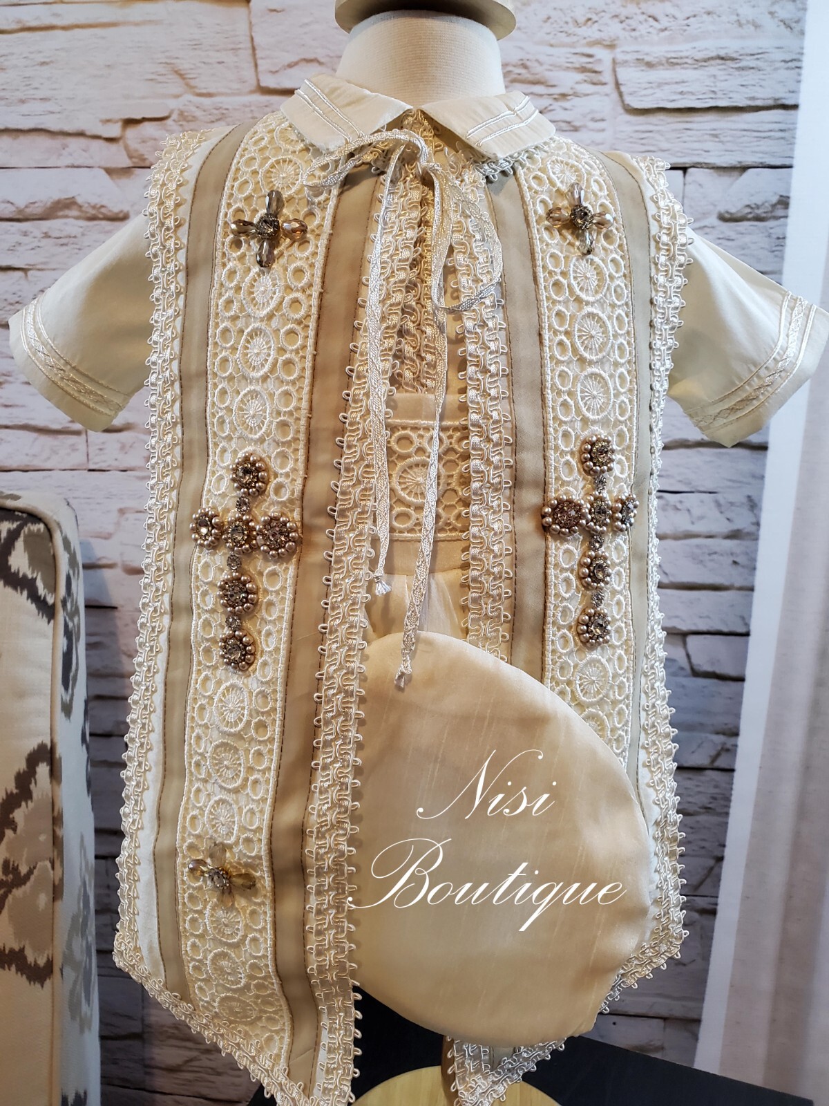 Baby Boy Christening Outfit 9 Pieces Set, Beige Color Blessing or Baptism Outfit