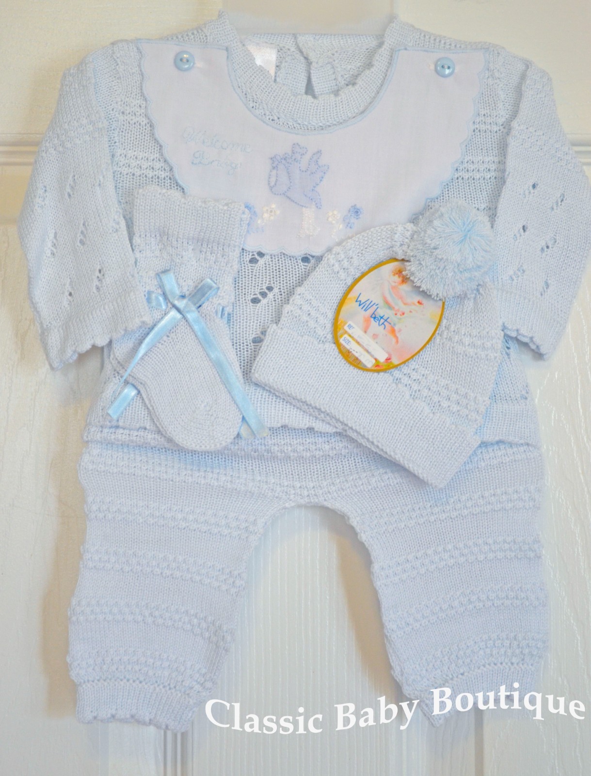 NWT Will’beth Blue Knit Welcome 4pc Set Preemie Baby Boys Pom Hat Booties 00