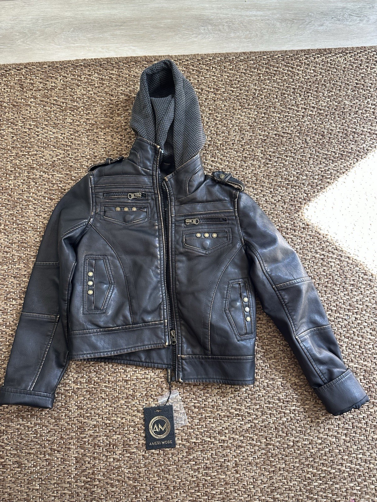 NWT Ameri Mode Boys 3Y Faux Leather Bomber Jacket Hooded Sherpa Lined Black Coat