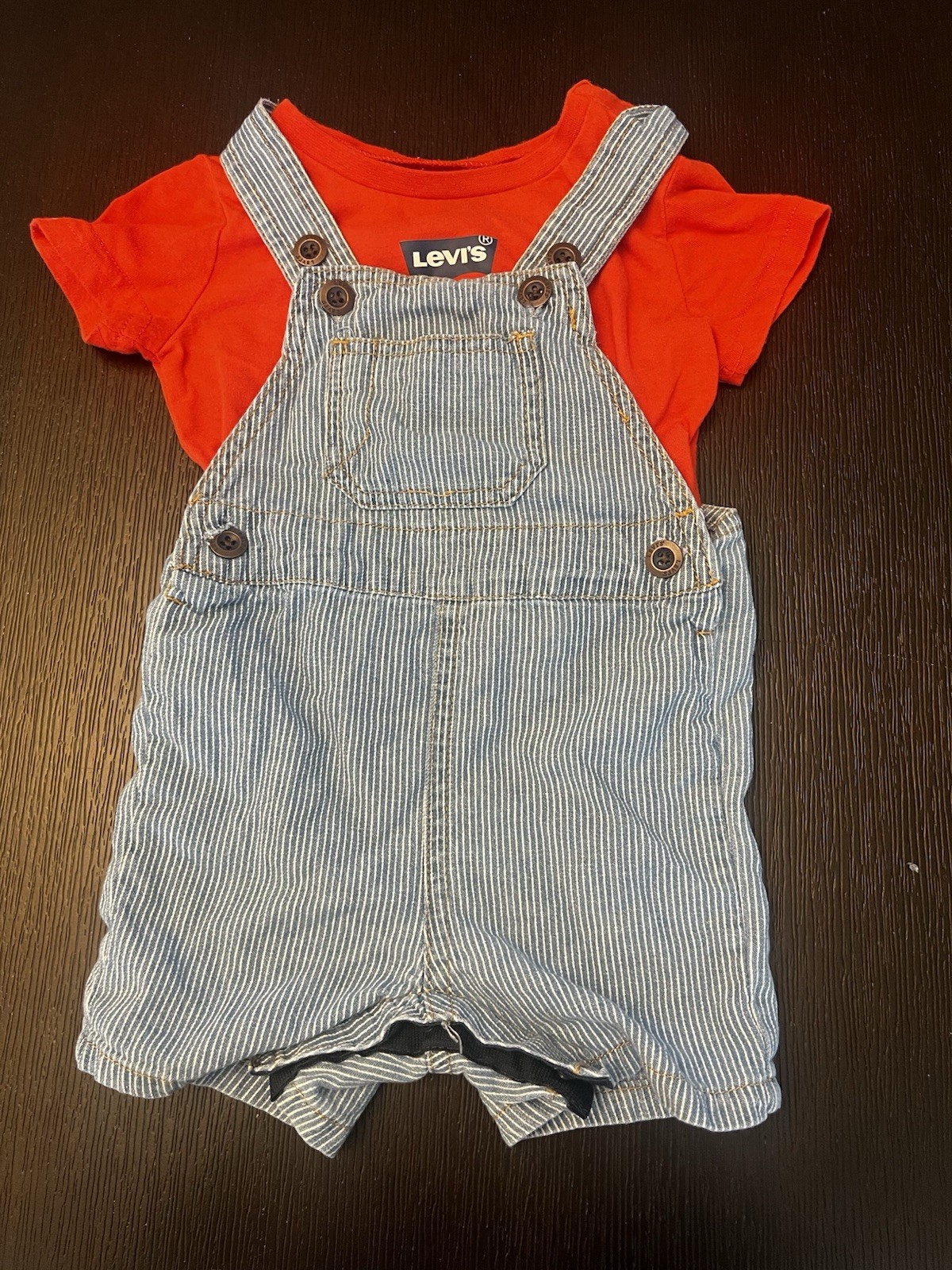 Levi’s 2-Piece Baby Set 9M Logo Tee & Striped Denim Overalls Red/Blue