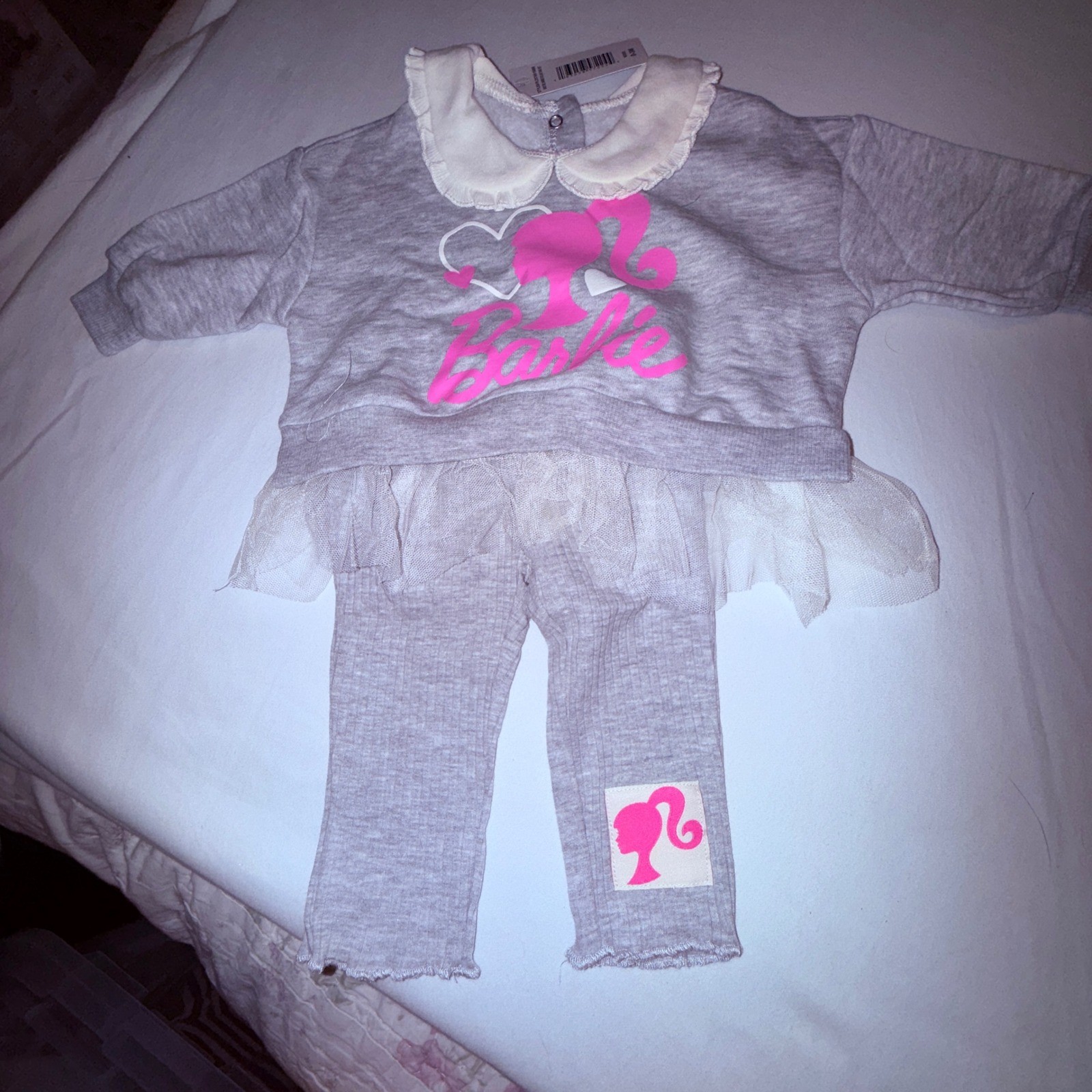 Barbie Sweatshirt Leggings Set Baby 0-3M Gray Pink Excellent Ruffle Tulle Collar