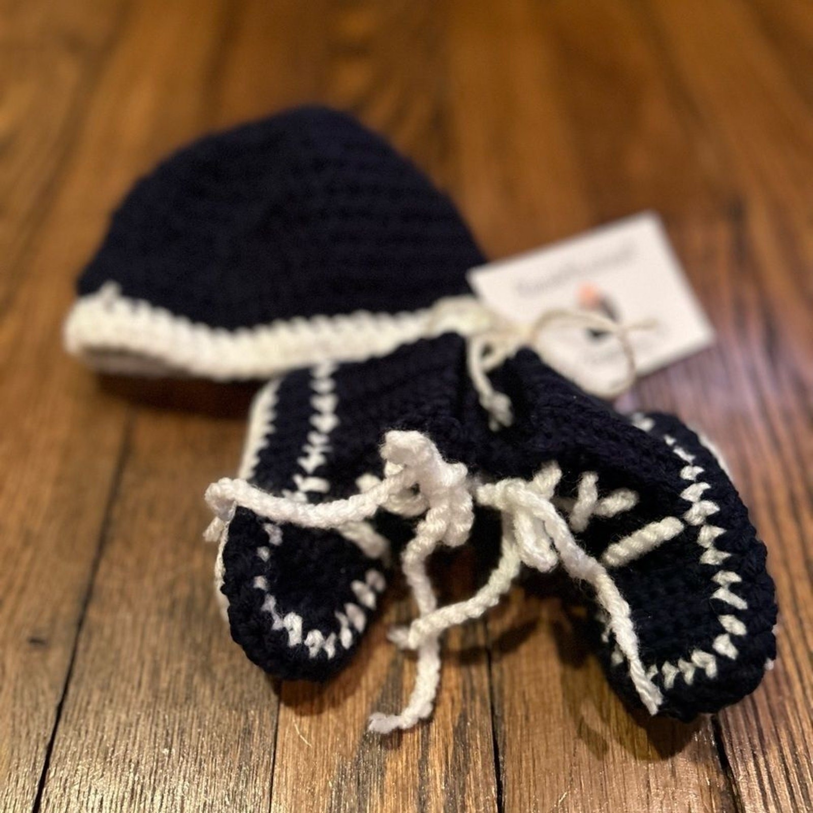 Crocheted Creations Beanie Booties Kids Newborn Navy White Handmade Baby Shower