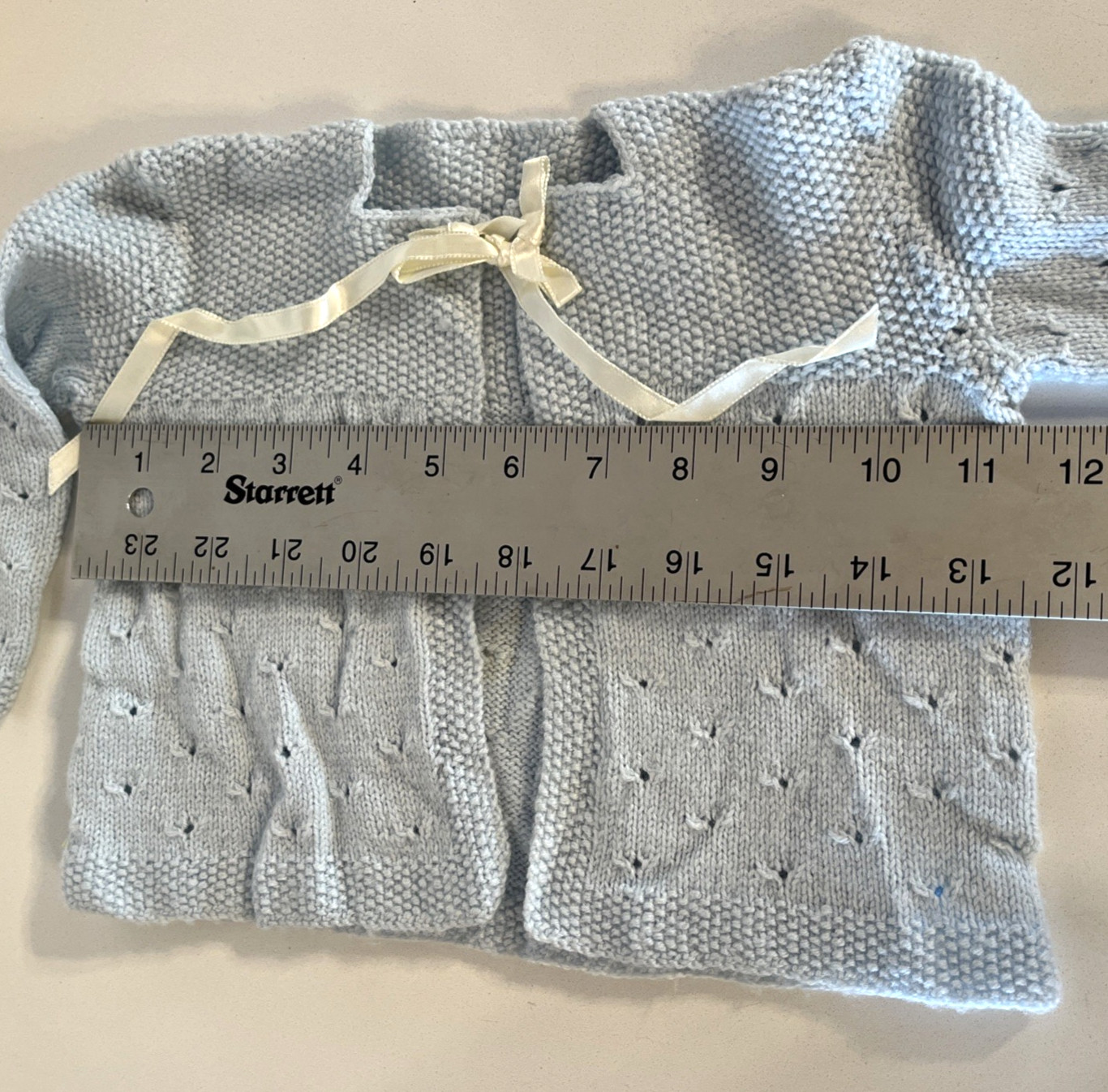 Vintage Baby Sweater & Booties Handknitted Fancy Blue with White Satin Ribbon