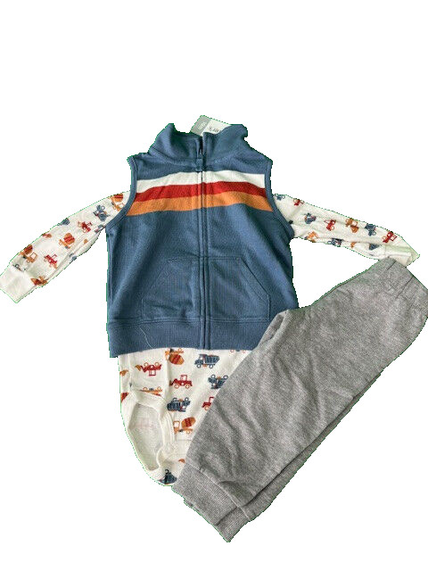 Carters BOYS 3-Pc SET VEST/JOGGERS/LONG SLEEVE ONE PIECE(BLUE/GRAY MULTI 18M)NWT