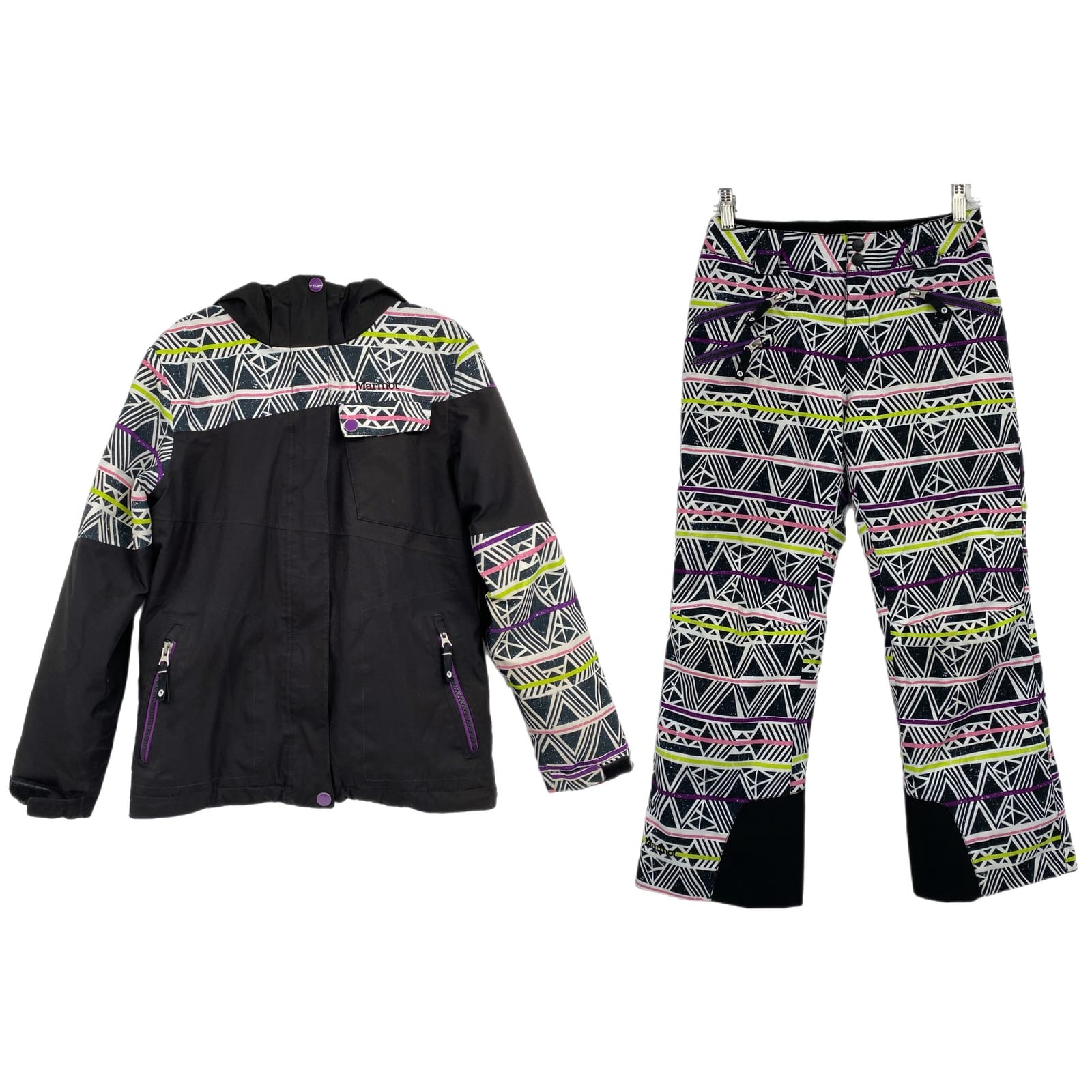 Marmot Girls Black Purple Geometric Ski Coat & Snow Pants Set | LG Regular