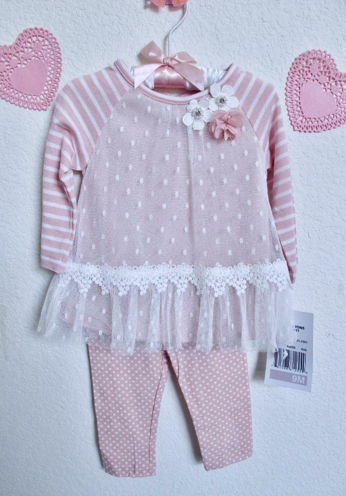 NWT Rare Editions Top Leggings Set 9M Blush Pink Lace Cotton Knit Dots Stripes