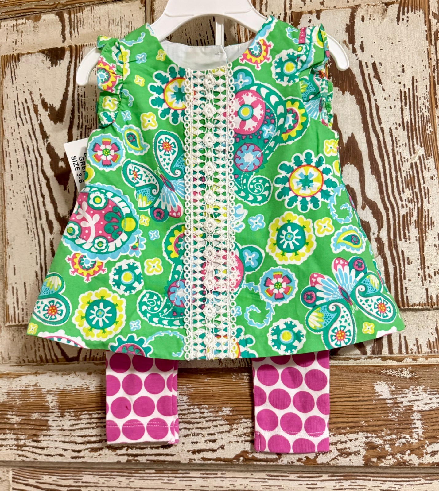 Counting Daisies by Rare Editions Dress Legging Set – Green Fuchsia Dot – 3-6 Mo