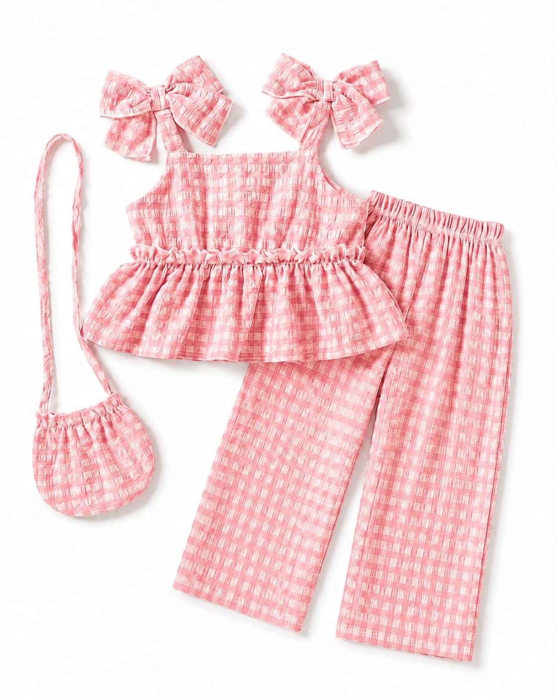 Baby Girl Clothes Summer Spaghetti Strap Plaid Pants Set with Bag Cute Matchi…