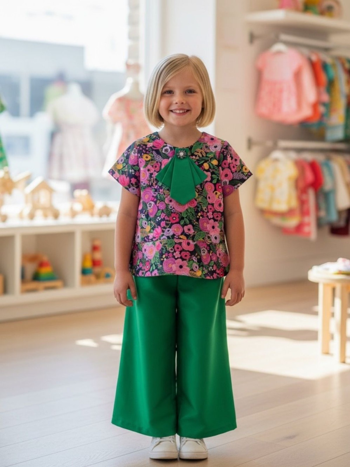 Mama luma girls boutique Green Floral Peplum Top with Matching Wide-Leg Pants