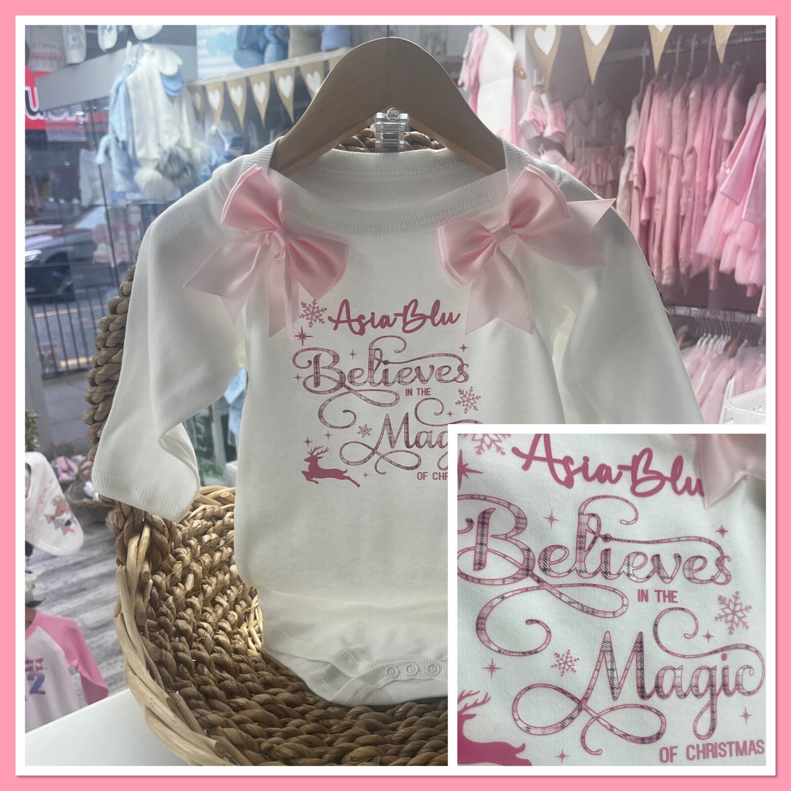 🎄 Personalised Girls First Christmas Believes in magic Bib Vest Grow 0-18m Pink