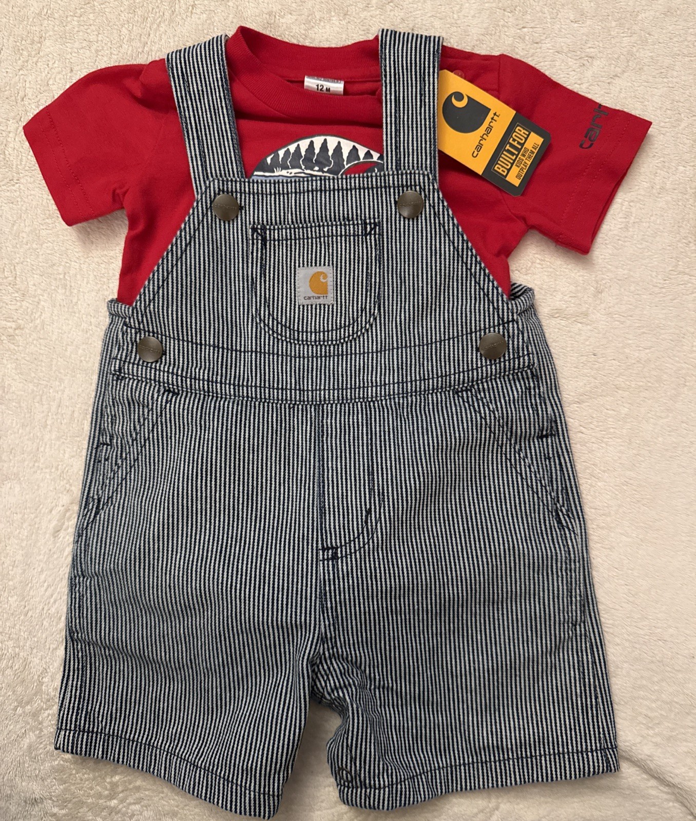 NWT Carhartt Dog Graphic Bodysuit & Ticking Stripe Denim Shortalls Size 12 Mos