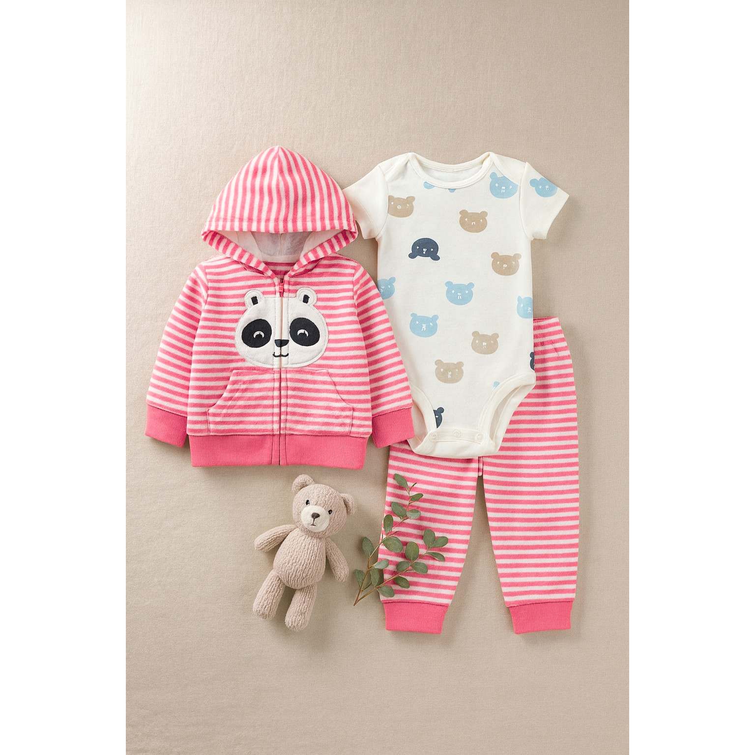 Carter’s Baby Girl 3-Pc Outfit Set Pink Striped Hoodie Bodysuit & Pants 12 Month