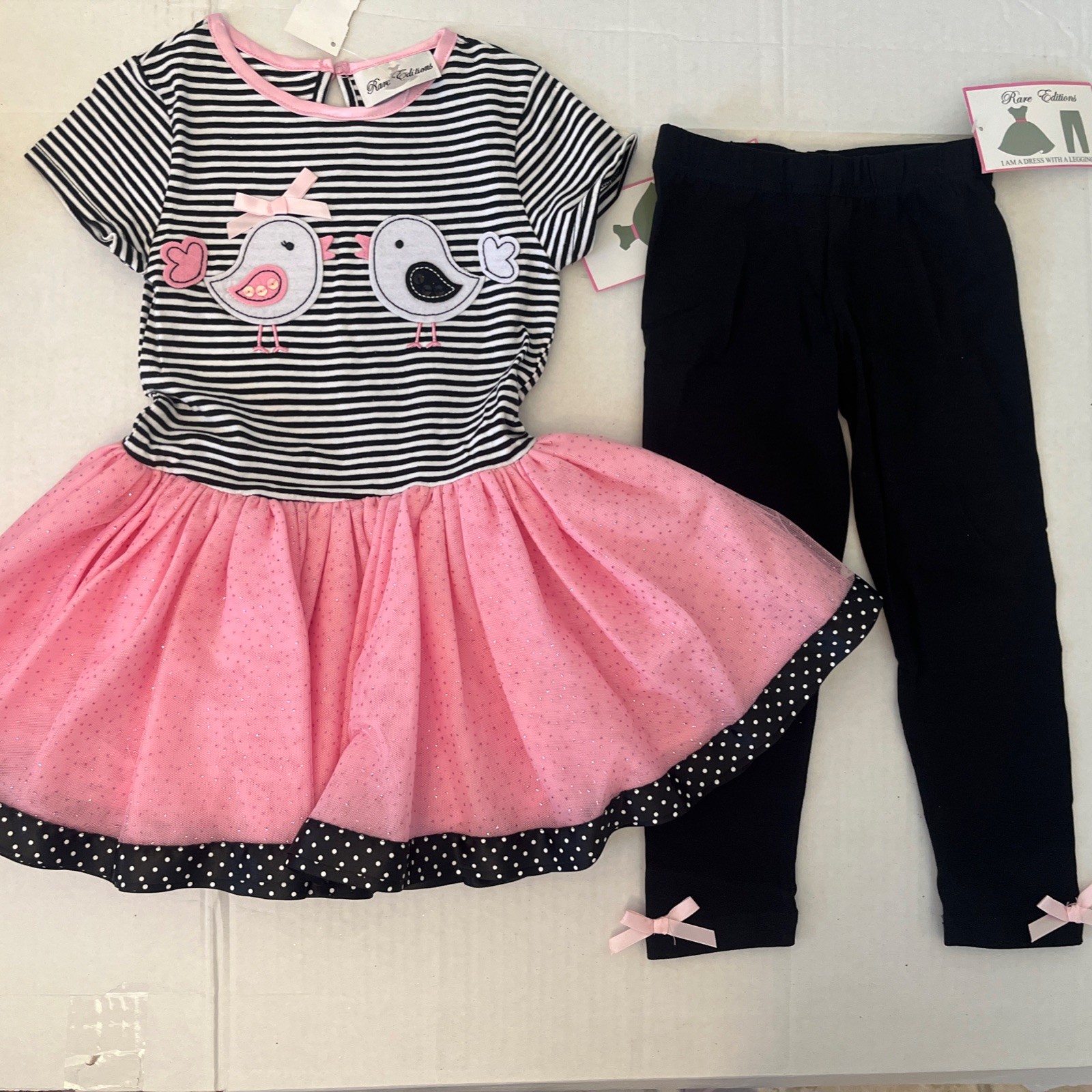 NWT Girls 3T RARE EDITIONS Cotton Black Pink Sparkle TUTU DRESS & LEGGINGS 2-pc