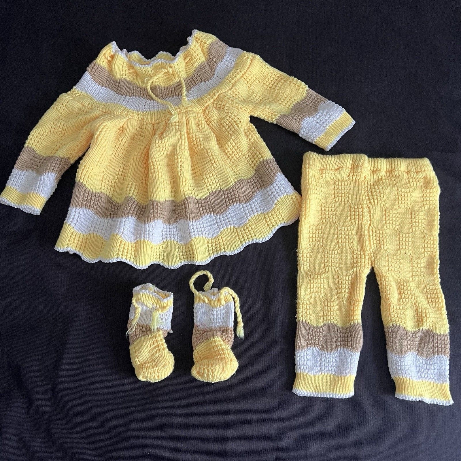 Vintage 70s Hand Knit Crochet Baby Set Dress Pants Booties Yellow Brown 6-12 Mth