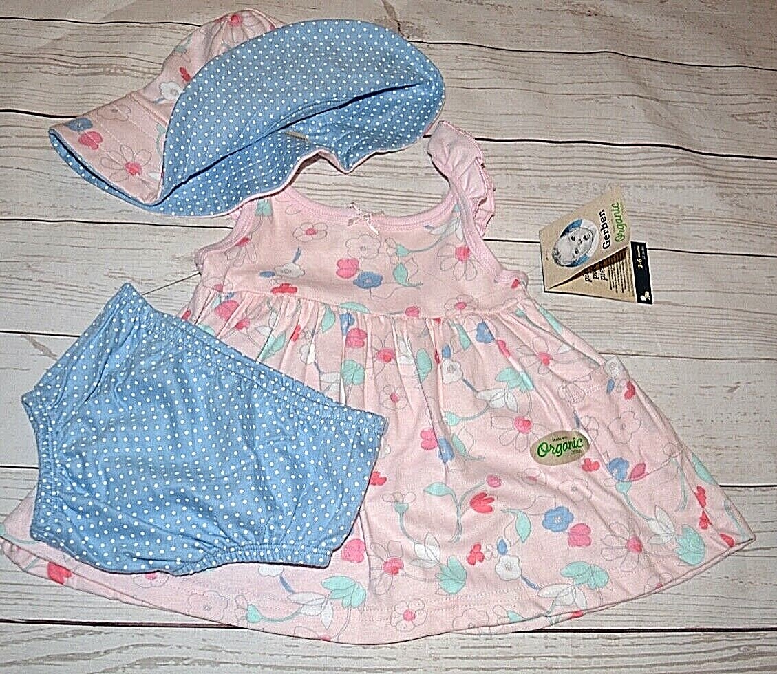 3 PCS GERBER ORGANIC COTTON BABY GIRL OUTFIT SET 3 – 6 MONTHS PINK DRESS SUN CAP