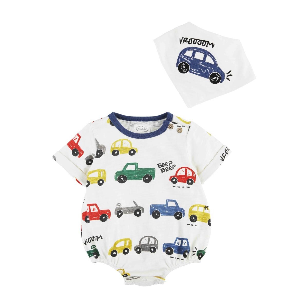 Mud Pie Baby Boy Car Themed One Piece Romper with Bib Set Size 3-6 M NEW