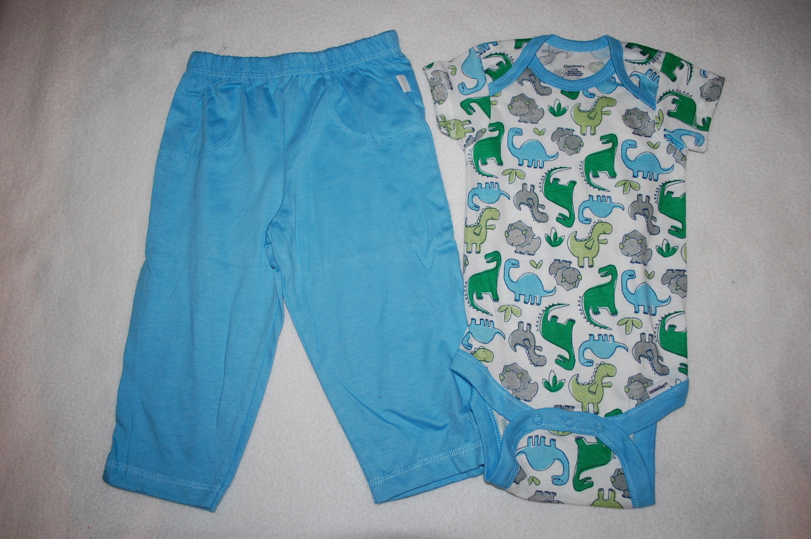 Baby Boys Outfit S/S BODYSUIT T-SHIRT Green Blue DINOSAURS Knit Pants SIZE 12 MO
