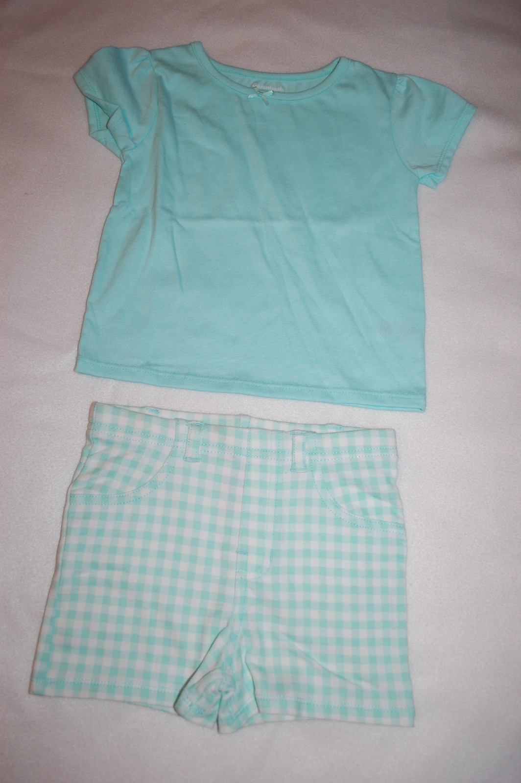Baby Girls Outfit MINT GREEN S/S KNIT TEE SHIRT Gingham Shorts, Rear Pkts 24 MO