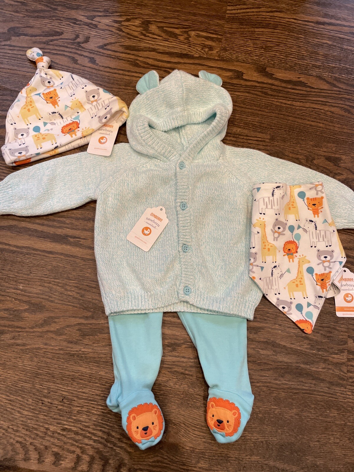 NWT Gymboree baby boy teal Giraffe lion zebra sweater bib hat SPRING 4-piece 0 3