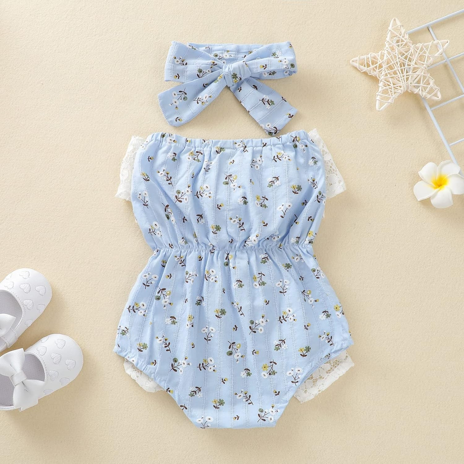 Newborn Infant Girl Floral Off Shoulder Romper Lace Jumpsuit Headband Outfit Set