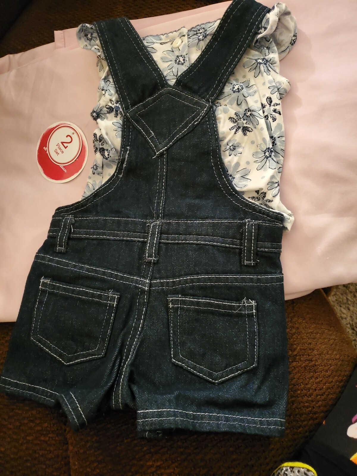 Nannette Kids Brand Overall Denim Short Size 12 Months Blue & White Flower Print